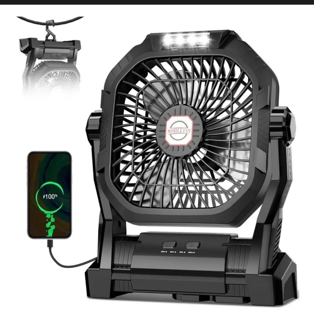 Camping Fan Rechargeable. Black Portable Fan with LED Light. New In Box